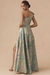 Mac Duggal One-Shoulder Bow Floral Brocade A-Line Maxi Dress