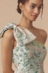 Mac Duggal One-Shoulder Bow Floral Brocade A-Line Maxi Dress