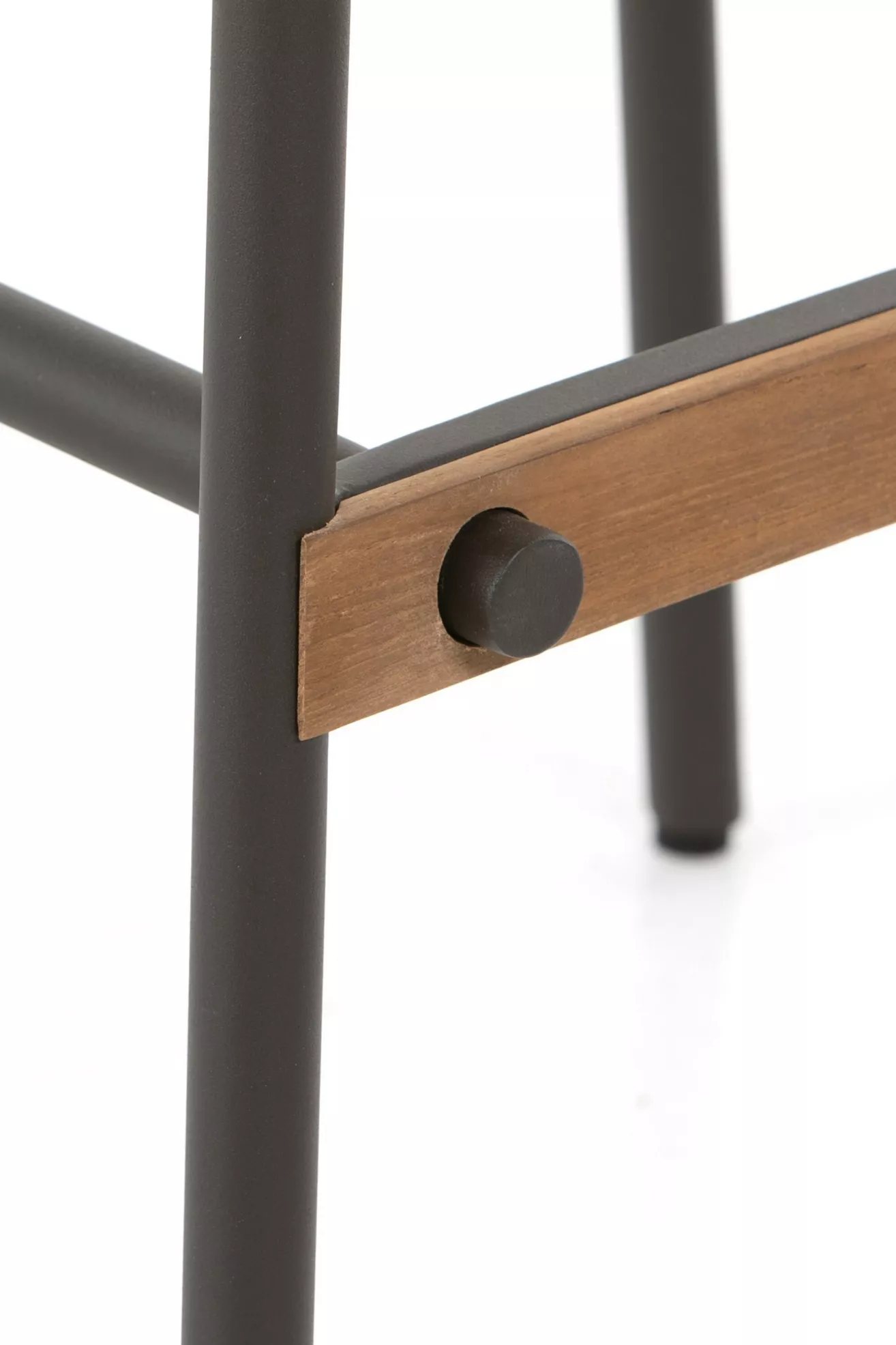 Wooden footrest connector on Vega outdoor bar stool