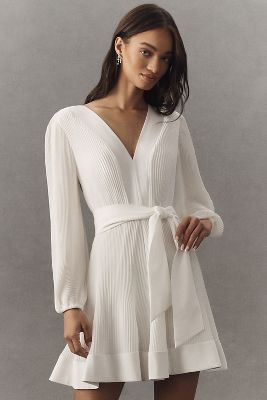 MILLY LIV LONG-SLEEVE V-NECK PLEATED BELTED MINI DRESS
