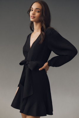 Milly Liv Long-sleeve V-neck Pleated Belted Mini Dress In Black