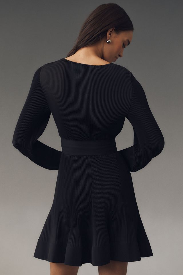 Milly Liv Long-Sleeve V-Neck Pleated Belted Mini Dress #1