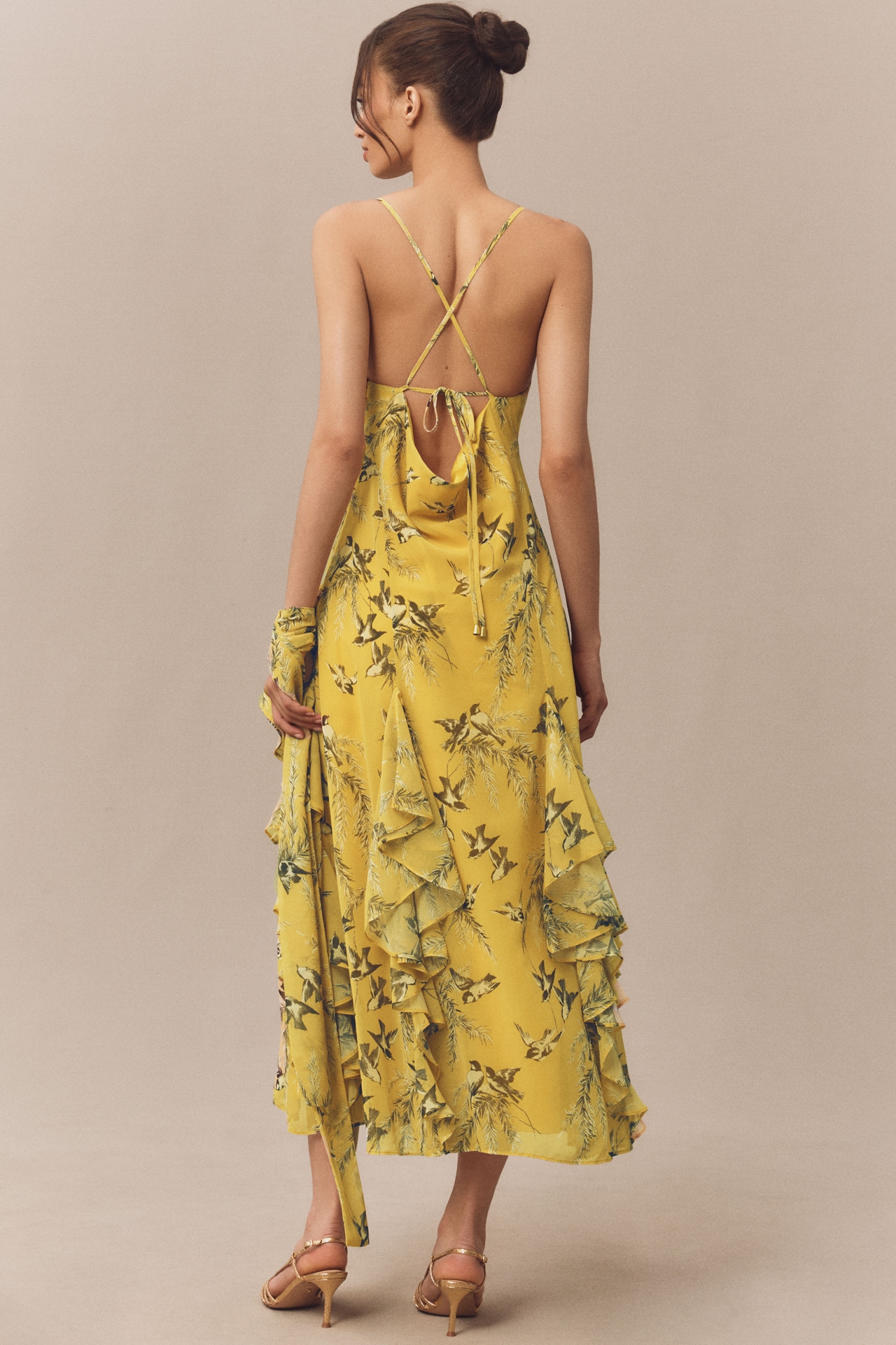 BHLDN Chiffon Cowl-Neck Cross-Back Ruffle Midi Dress