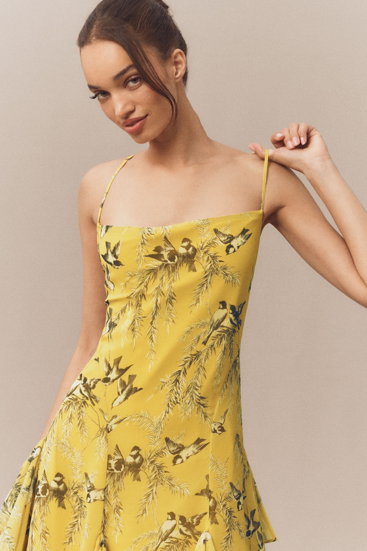 BHLDN Chiffon Cowl-Neck Cross-Back Ruffle Midi Dress