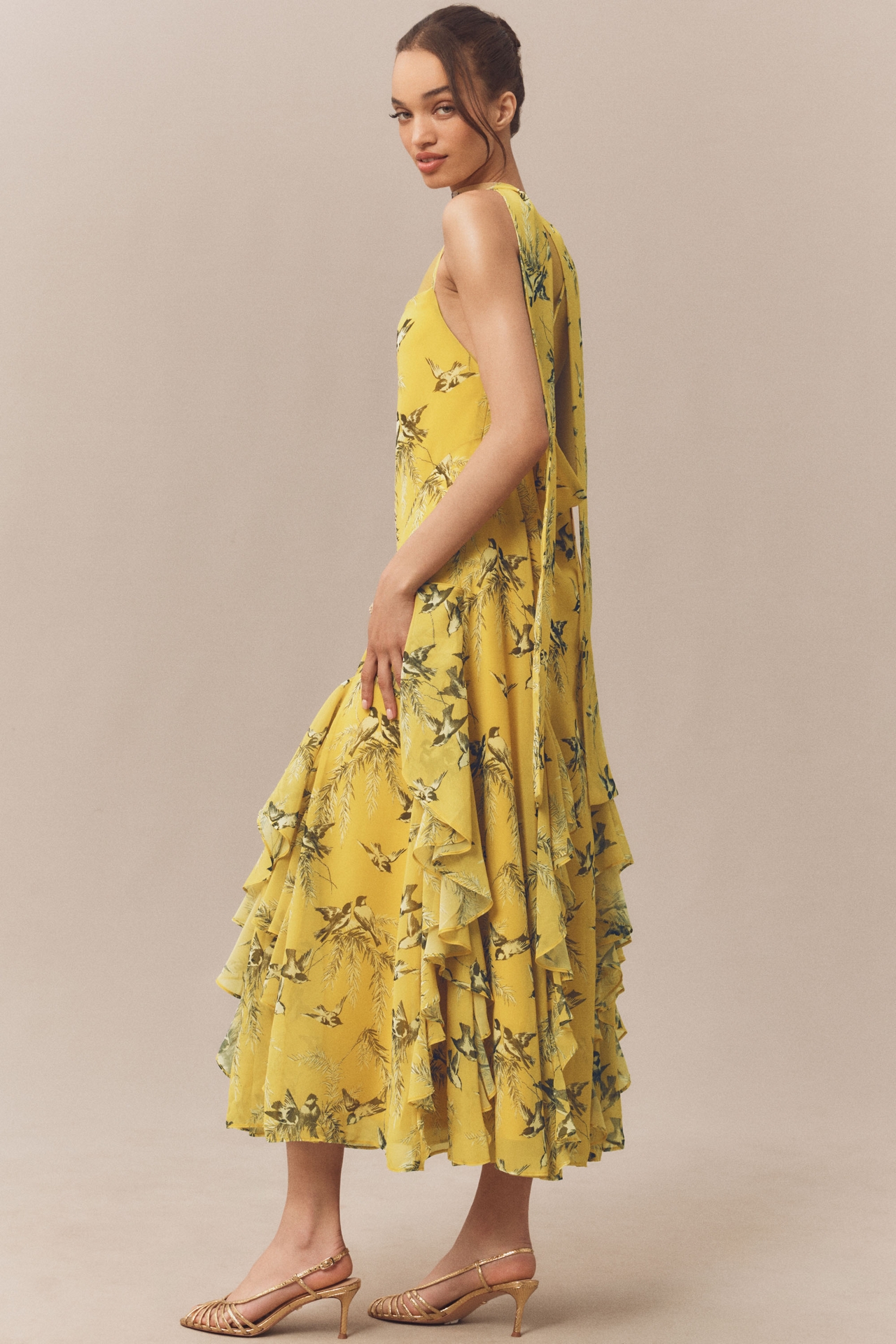 BHLDN Chiffon Cowl-Neck Cross-Back Ruffle Midi Dress