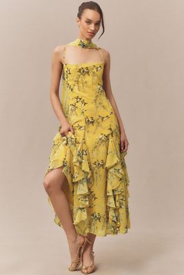 By Anthropologie Short-Sleeve V-Neck Ruffle Midi Dress