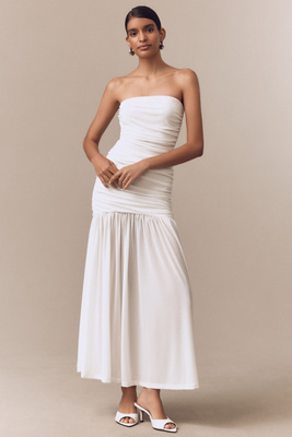 Bardot Solana Strapless Gathered Mesh Drop-waist Maxi Dress In White