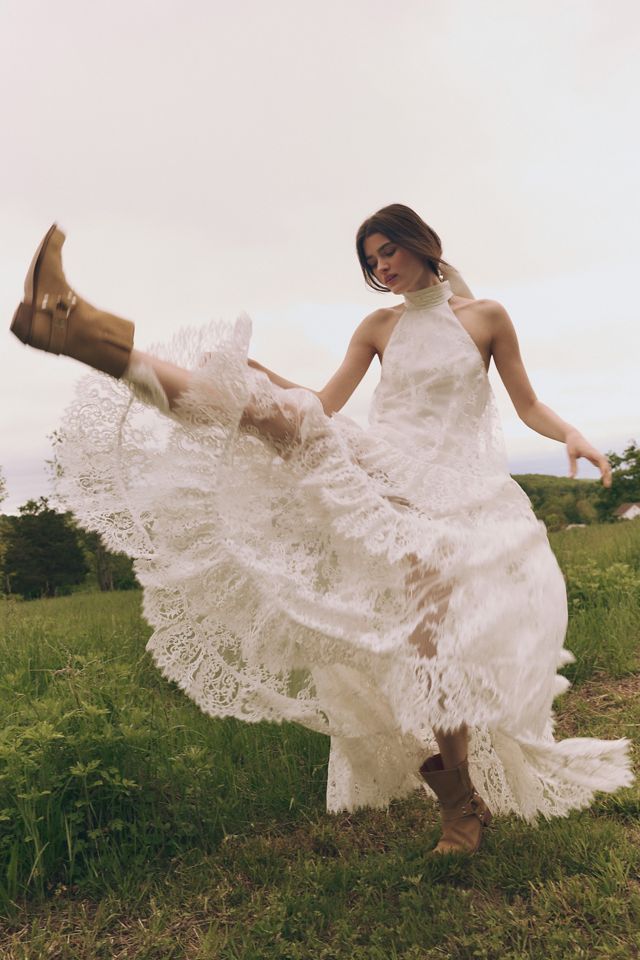 BHLDN Lace Halter Ruffle Peekaboo Maxi Dress #4