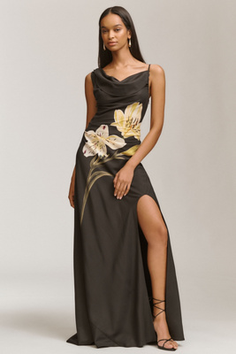 Leo Lin Esme Cowl-neck Wool-silk Blend Maxi Dress In Black