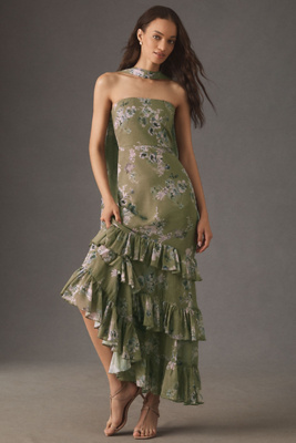 Bhldn Molly Strapless Chiffon Scarf Maxi Dress In Green