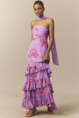 [Anthropologie] スカーフ オーガンザ マキシドレス by BHLDN BHLDN High-Neck Ruffle Printed Organza Maxi Dress