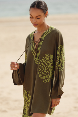 By Anthropologie Linen Blend Long-sleeve Palm Leaf Embellished Mini Kaftan