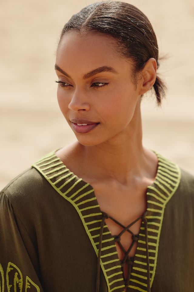 By Anthropologie Linen Blend Long-Sleeve Palm Leaf Embellished Mini Kaftan #1