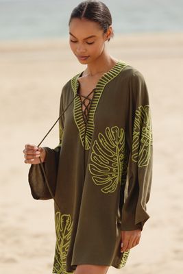 By Anthropologie Linen Blend Long-Sleeve Palm Leaf Embellished Mini Kaftan