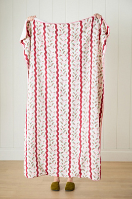 Anthropologie Gauze Cotton Sherpa Floral Printed Throw Blanket In Pink
