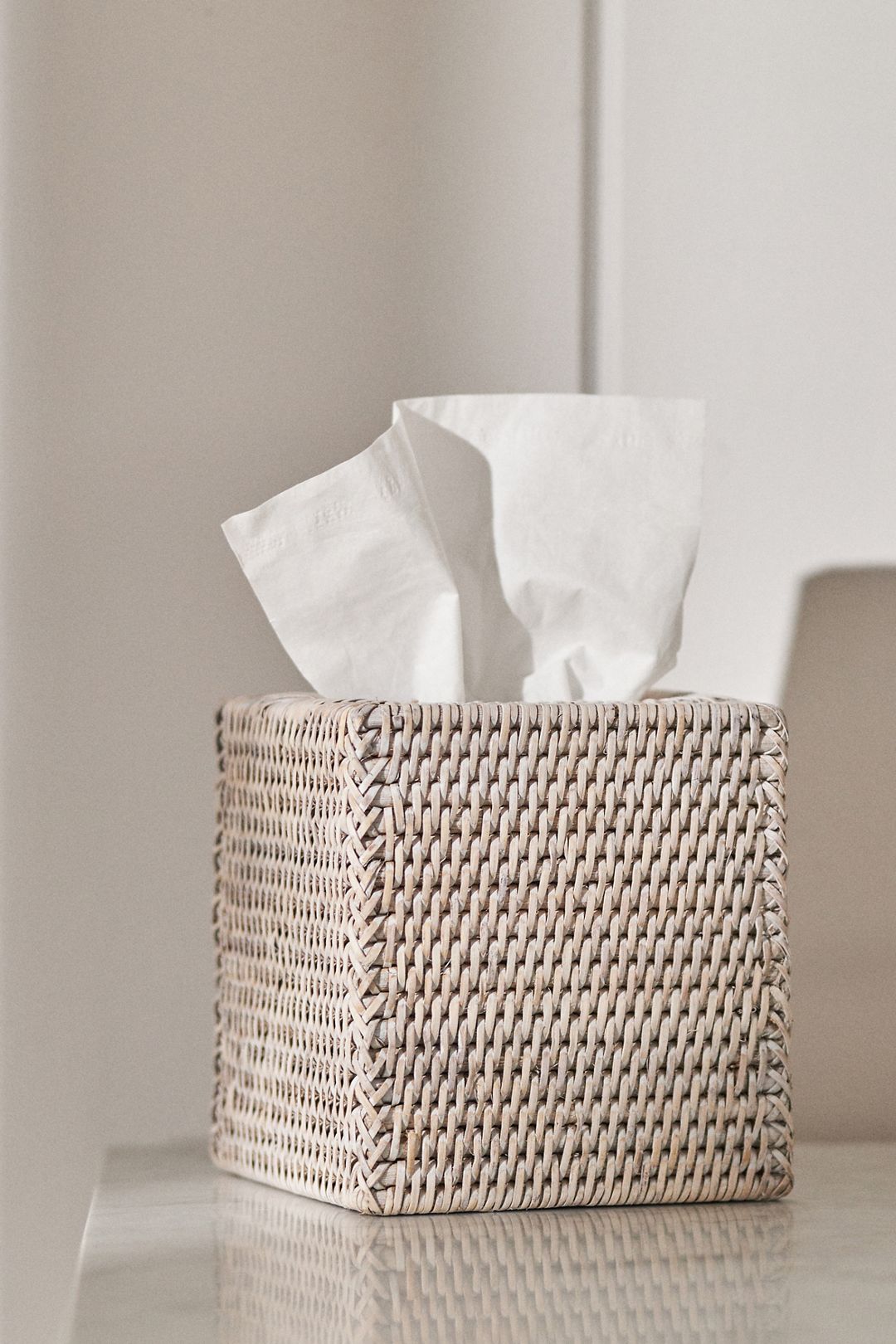 Handwoven Rattan Tissue Box Cover - Whitewash, One Size