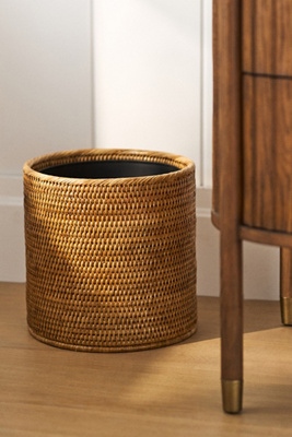 Anthropologie Handwoven Rattan Round Waste Basket With Metal Liner