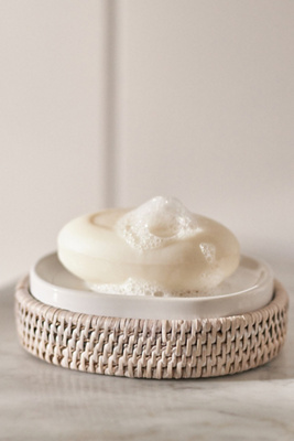 Anthropologie Handwoven Rattan Oval Soap Dish With Ceramic Insert In White