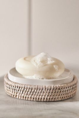 Handwoven Rattan Oval Soap Dish with Ceramic Insert