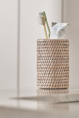 Anthropologie Handwoven Rattan Round Tumbler With Ceramic Insert