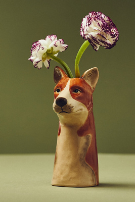 Anthropologie Corgi Stoneware Dog Vase In Multi