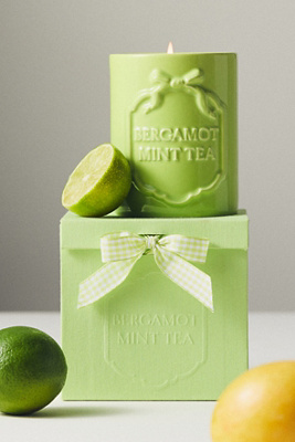 Anthropologie Gingham Bow Fresh Bergamot & Green Tea Ceramic Boxed Candle In Green