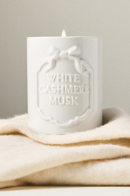 Anthropologie Gingham Bow Fresh White Cashmere & Musk Ceramic Boxed Candle In White