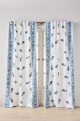 Anthropologie Embroidered Cotton Suzani Border Curtain In Blue
