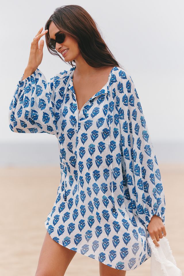 Maeve Long-Sleeve Tie-Neck Mini Kaftan #1