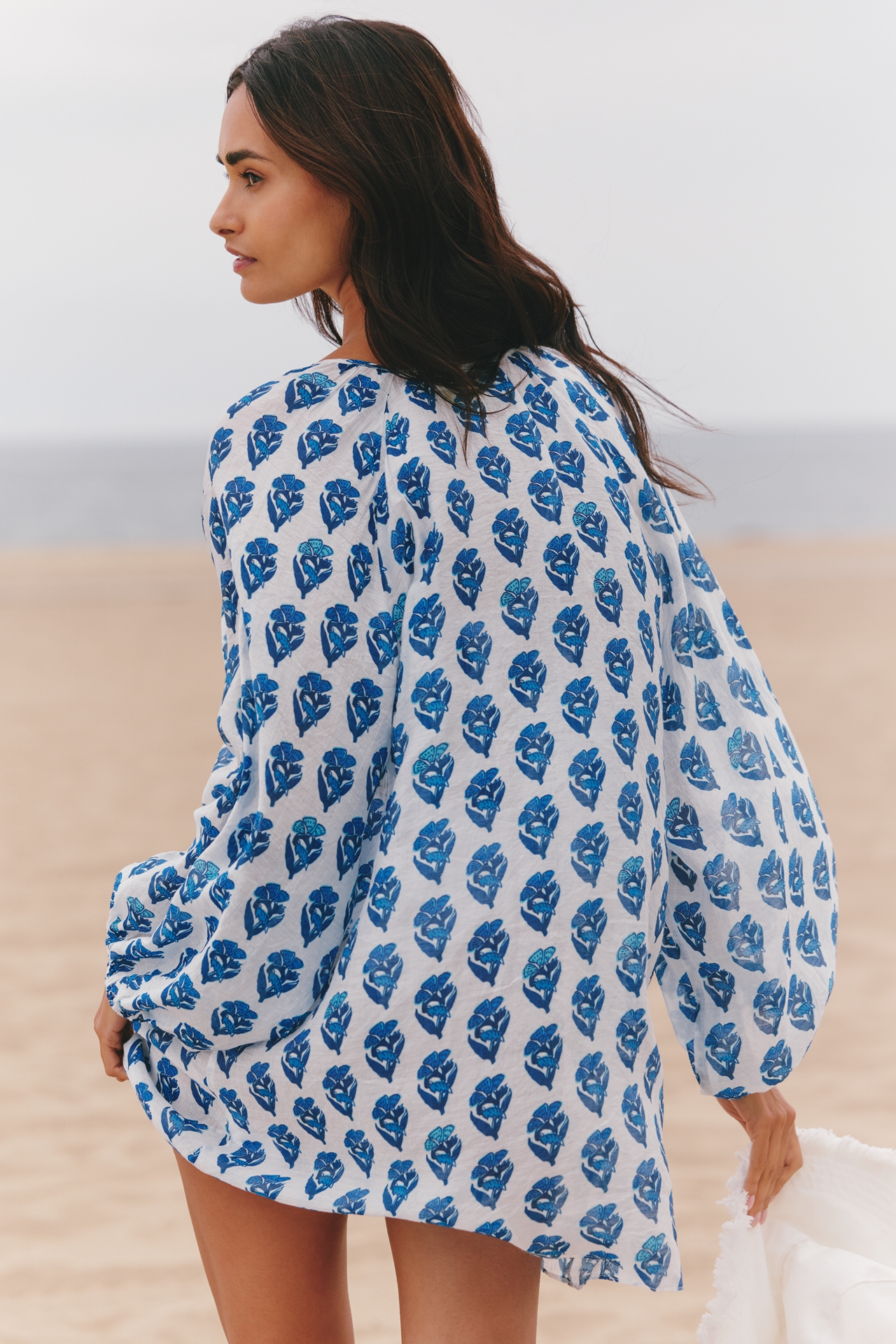Maeve Long-Sleeve Tie-Neck Mini Kaftan