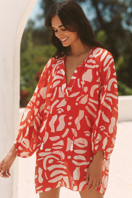 Shop Maeve Long-sleeve Tie-neck Mini Kaftan
