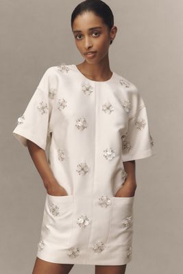 BHLDN Short-Sleeve Crew-Neck Beaded Mini Dress
