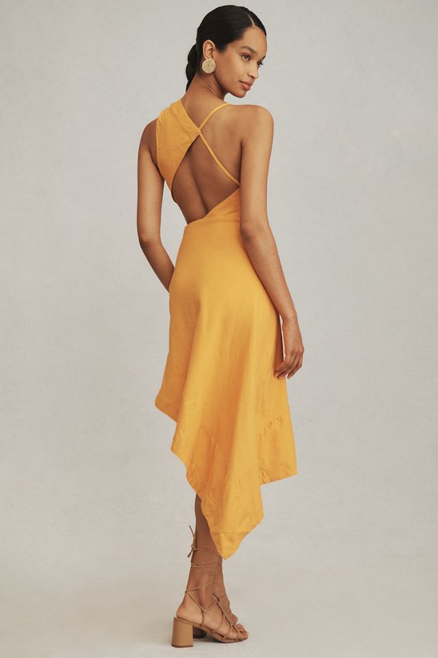 Asymmetrical Open-Back Linen Midi Dress
