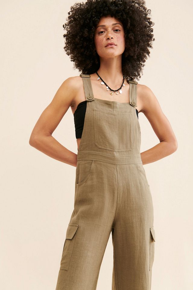 Flat White Linen Cargo Overalls #3