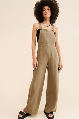 Flat White Linen Cargo Overalls