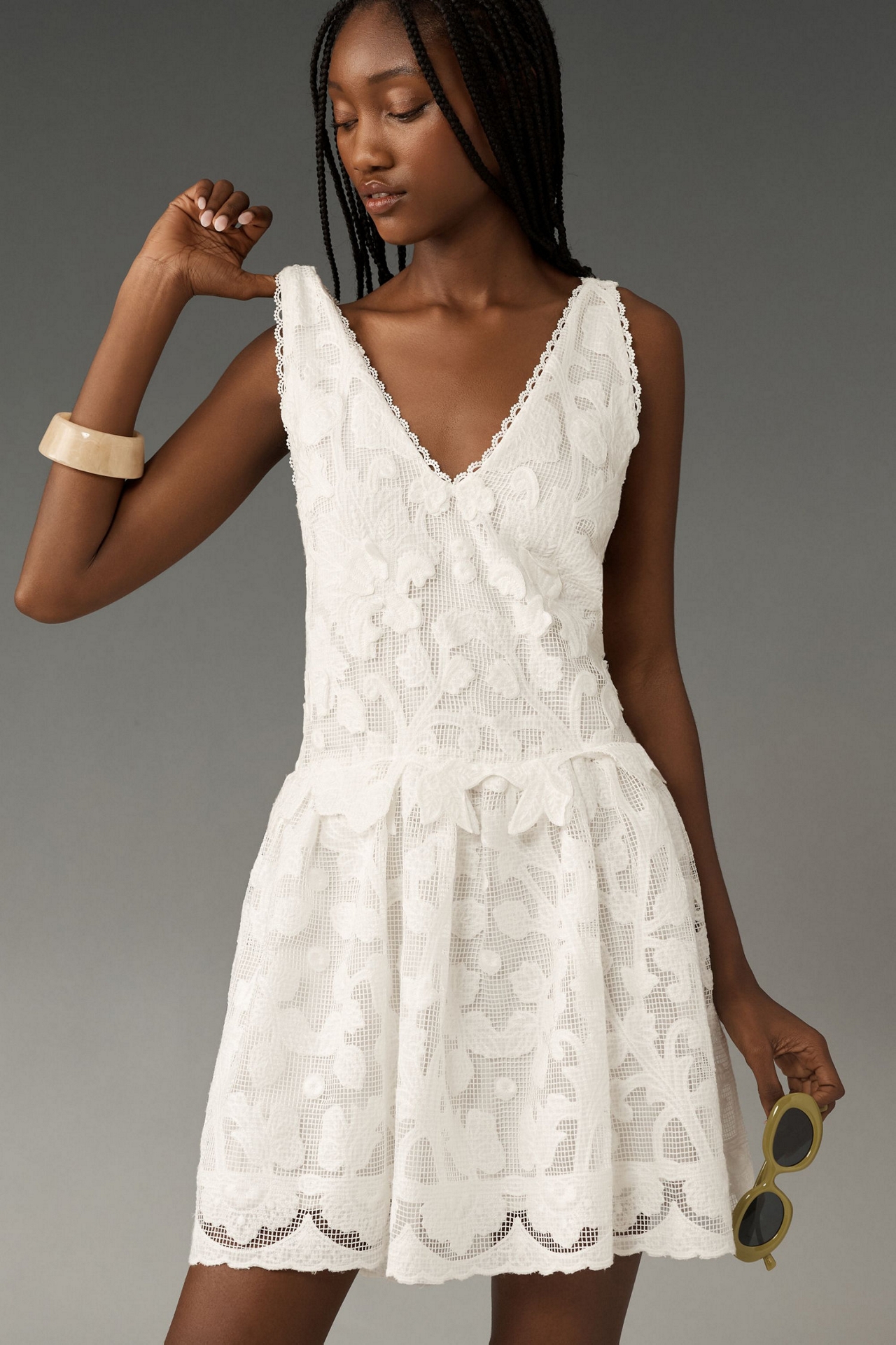 Sleeveless V-Neck Lace Swing Mini Dress
