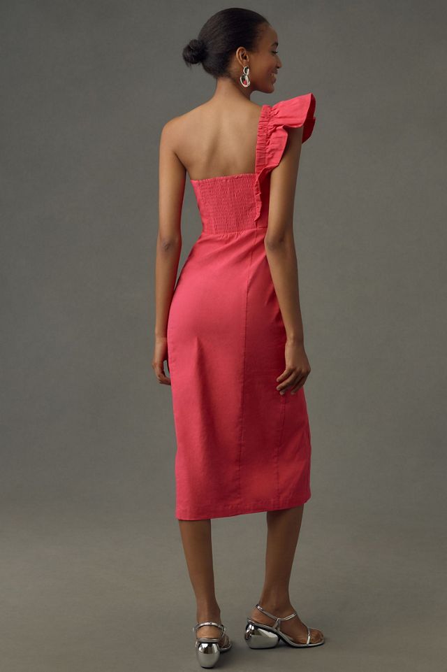 One-Shoulder Ruffle Linen Column Midi Dress #1