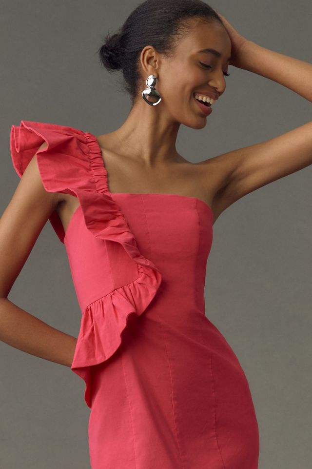 One-Shoulder Ruffle Linen Column Midi Dress #2