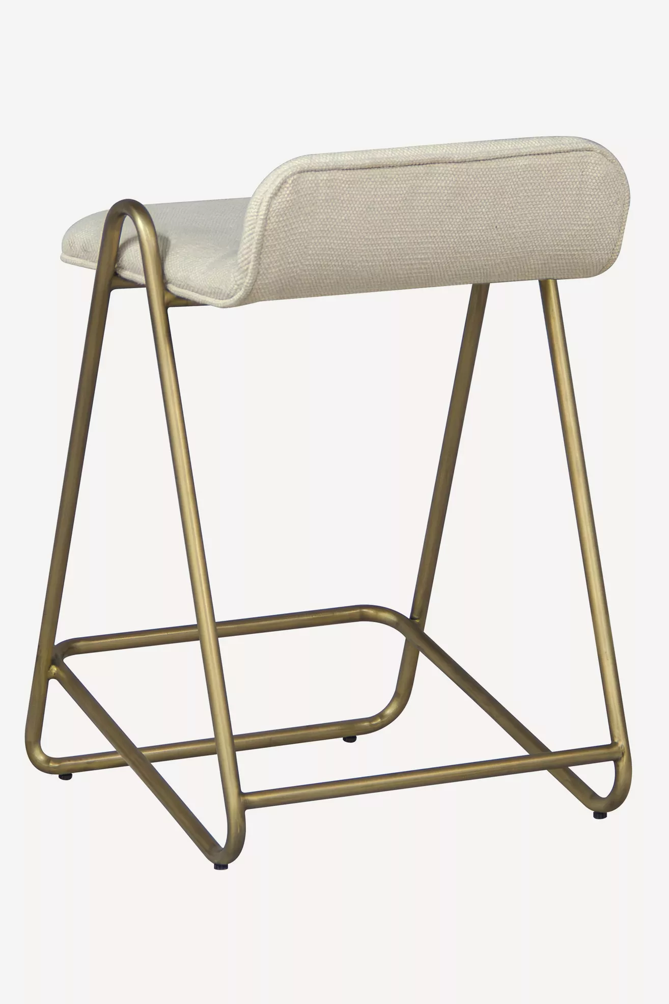Upholstered counter stool with low back and brass-toned open metal base