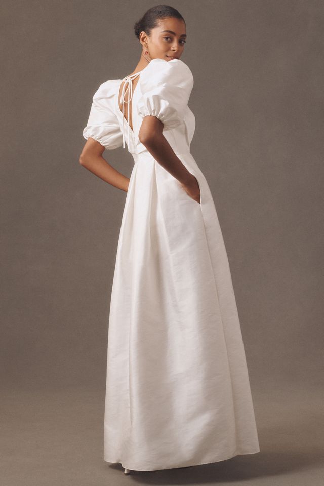 Watters Bungalow Puff-Sleeve Deep-V Taffeta Maxi Dress #2