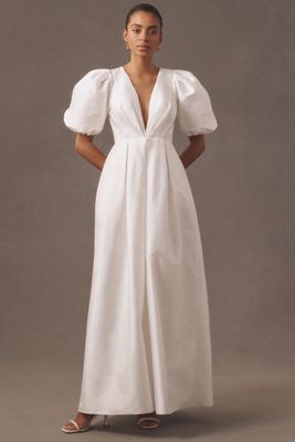 Watters Bungalow Puff-Sleeve Deep-V Taffeta Maxi Dress