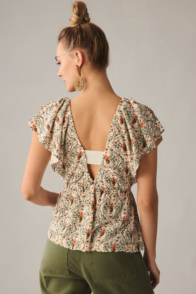 Deep-V Flutter-Sleeve Sweater Top #1