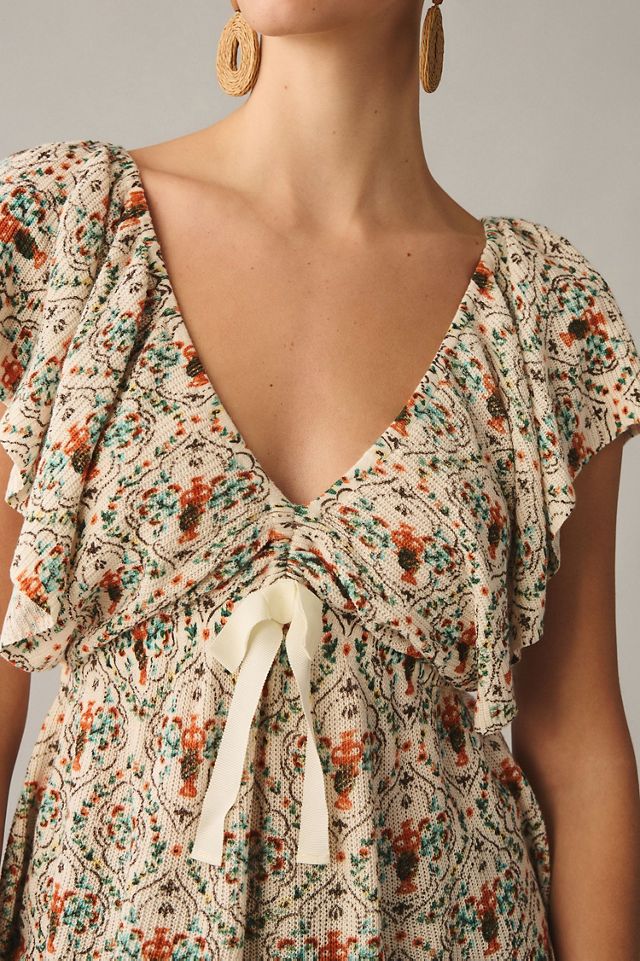 Deep-V Flutter-Sleeve Sweater Top #2