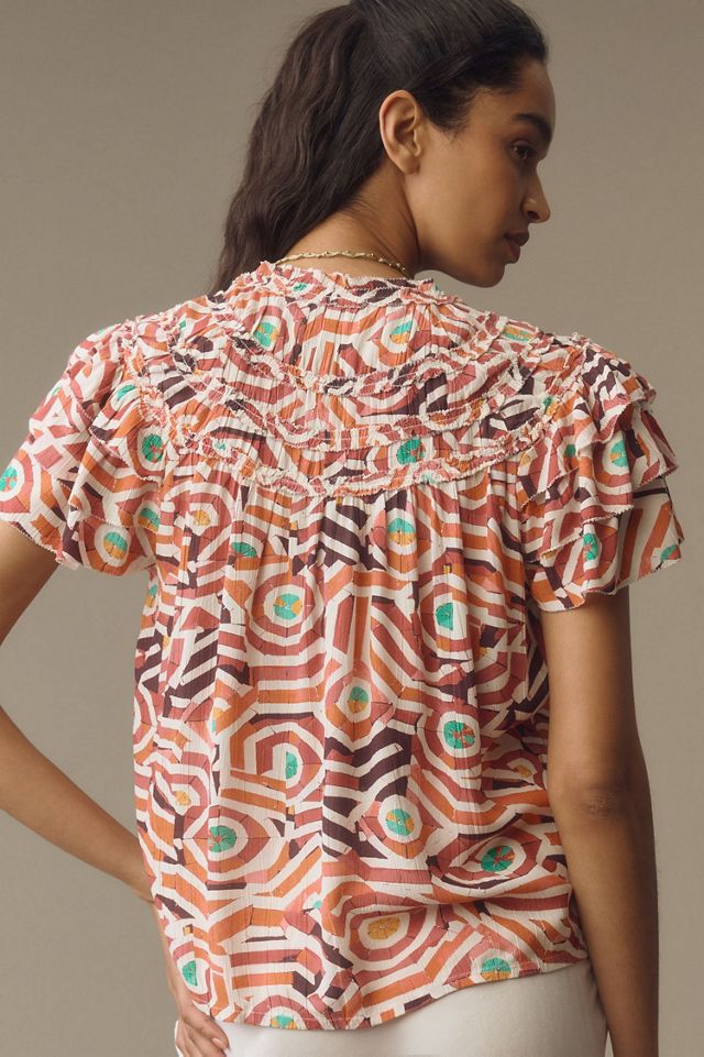 Maeve Short-Sleeve Ruffle Yoke Blouse #1