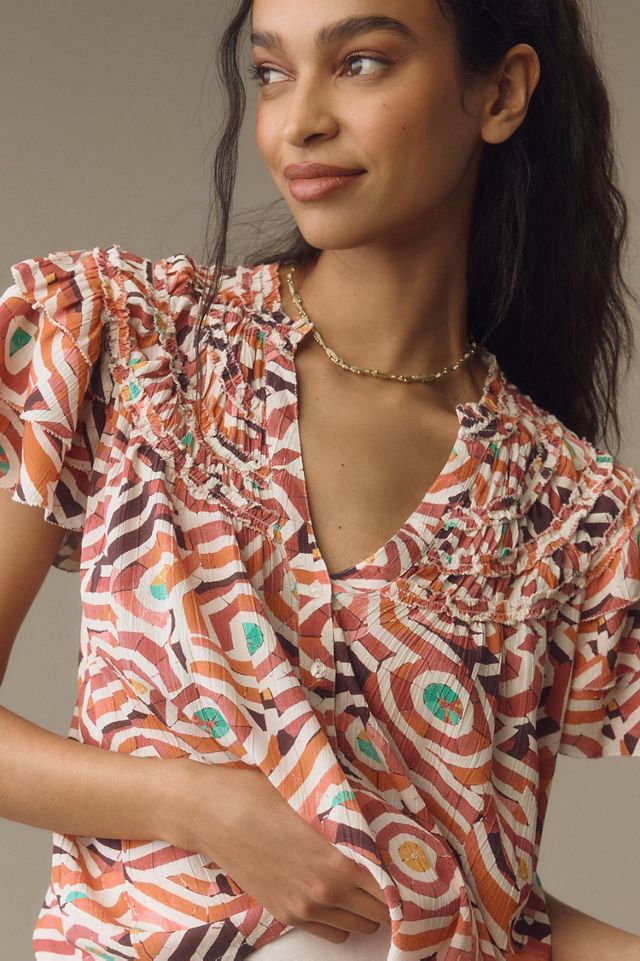 Maeve Short-Sleeve Ruffle Yoke Blouse #2