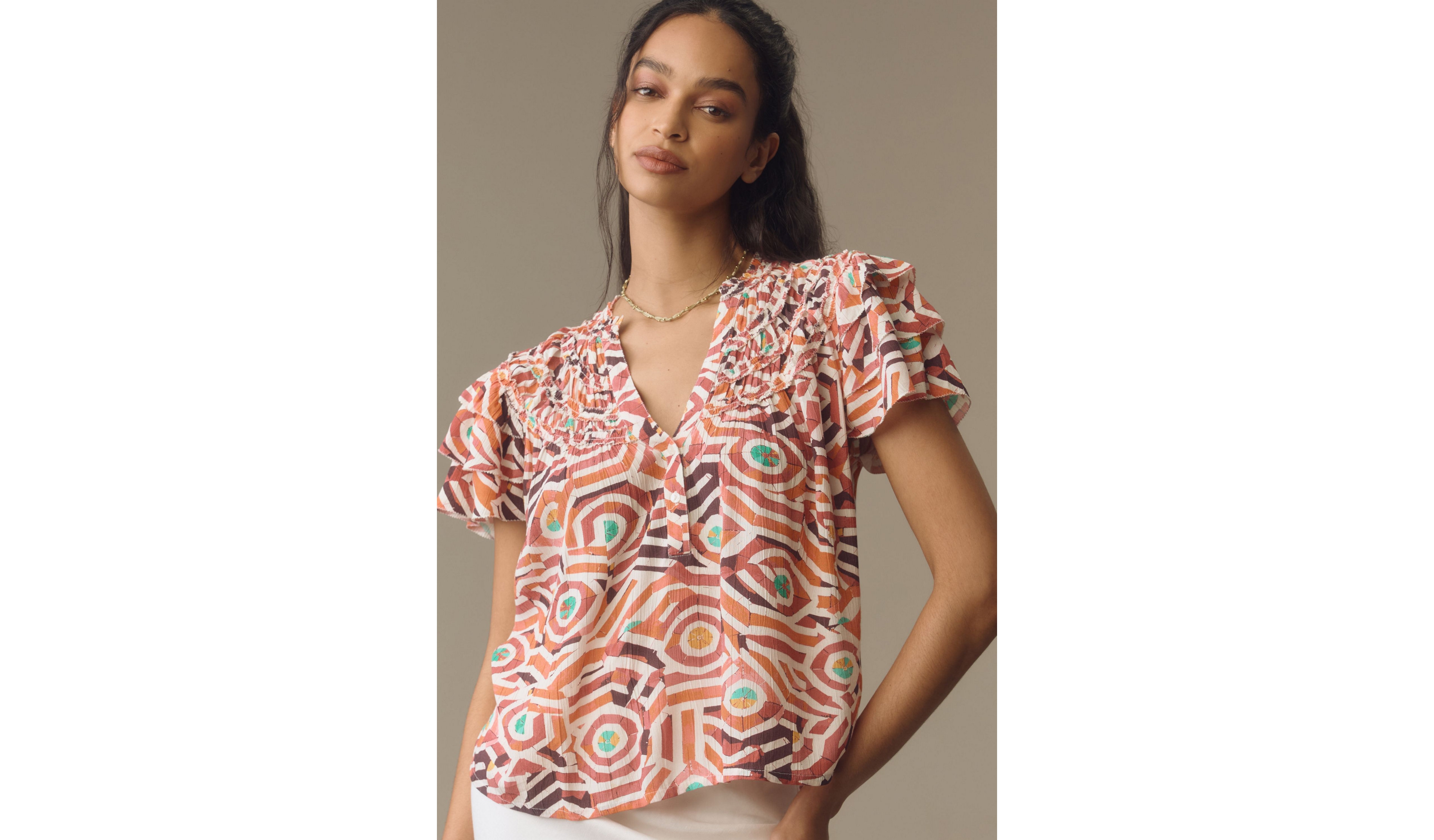 Maeve Short-Sleeve Ruffle Yoke Blouse