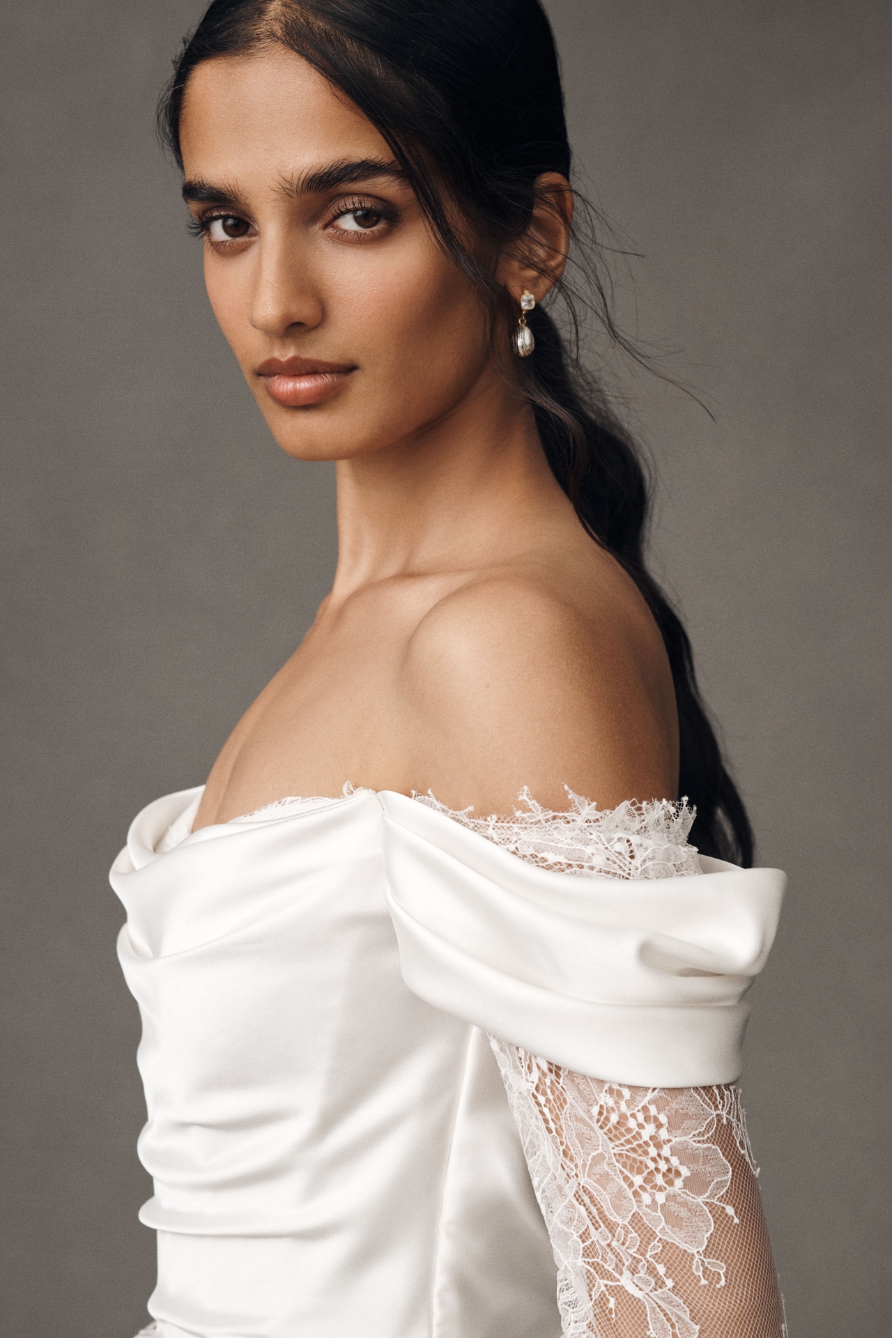 Watters Harlow Off-The-Shoulder Satin & Lace Mini Dress