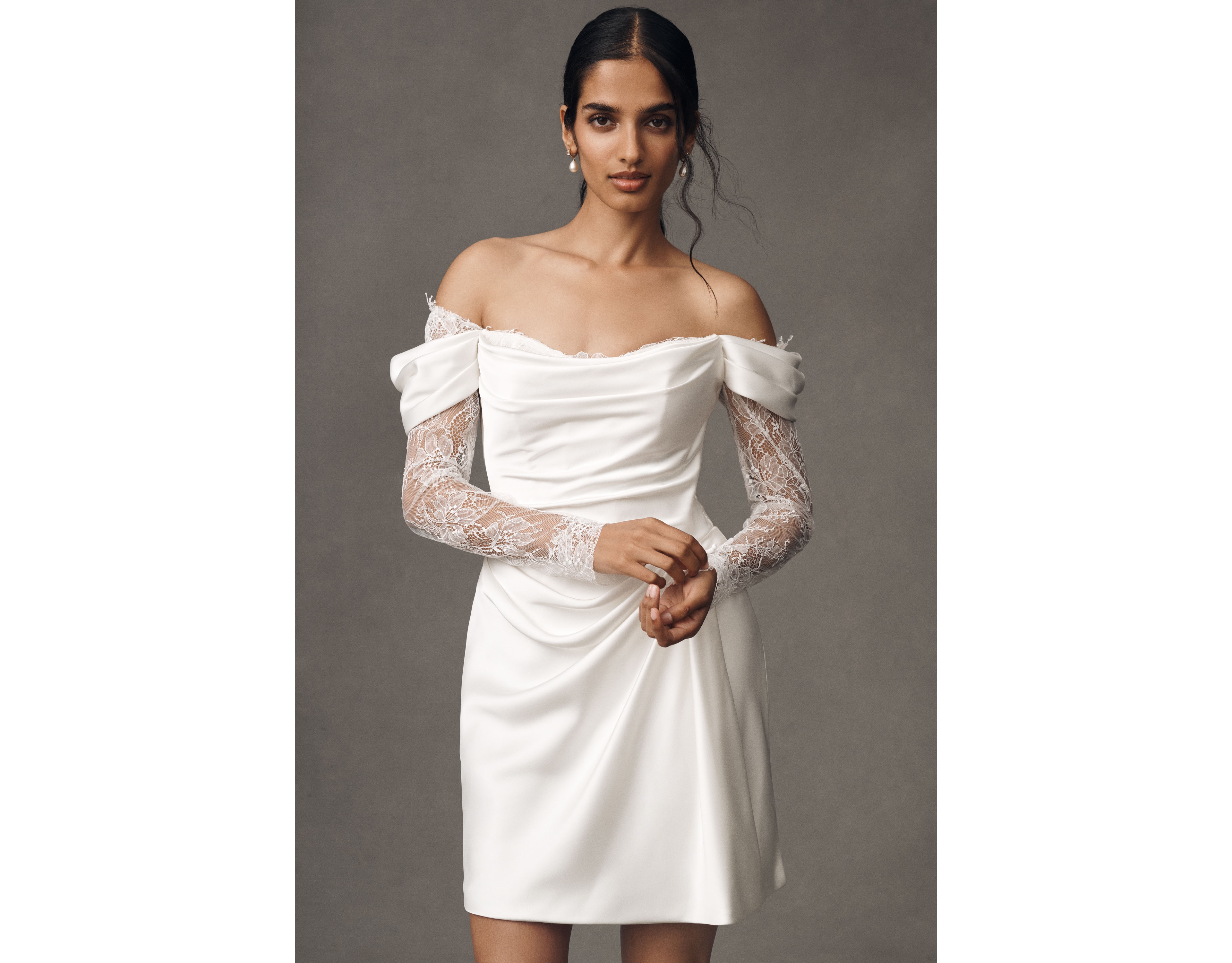 Watters Harlow Off-The-Shoulder Satin & Lace Mini Dress