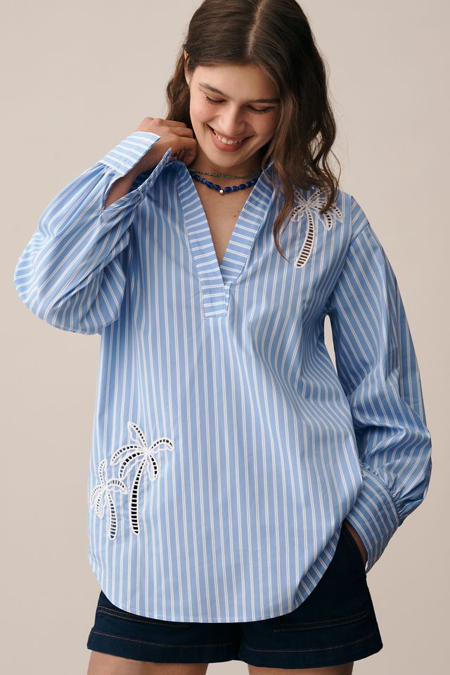 Romi Basha Long-Sleeve Embroidered Palms Tunic Top #1