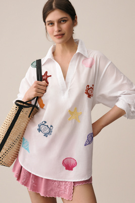 Celandine Long-sleeve Embroidered Seashell Tunic Top
